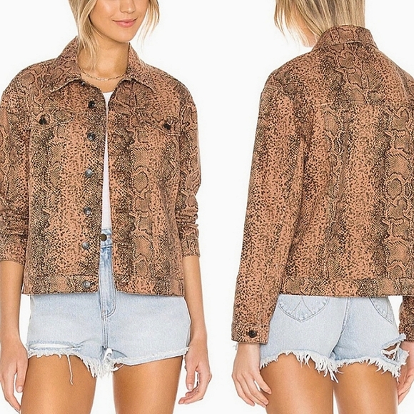 NEW🐍 Free People Snake Print Black and Brown Button Up Denim Jacket, Small - Picture 1 of 14